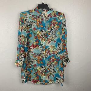 Marsh Landing Silk Tunic Womens Large Blue Floral Mandarin Collar Button Front
